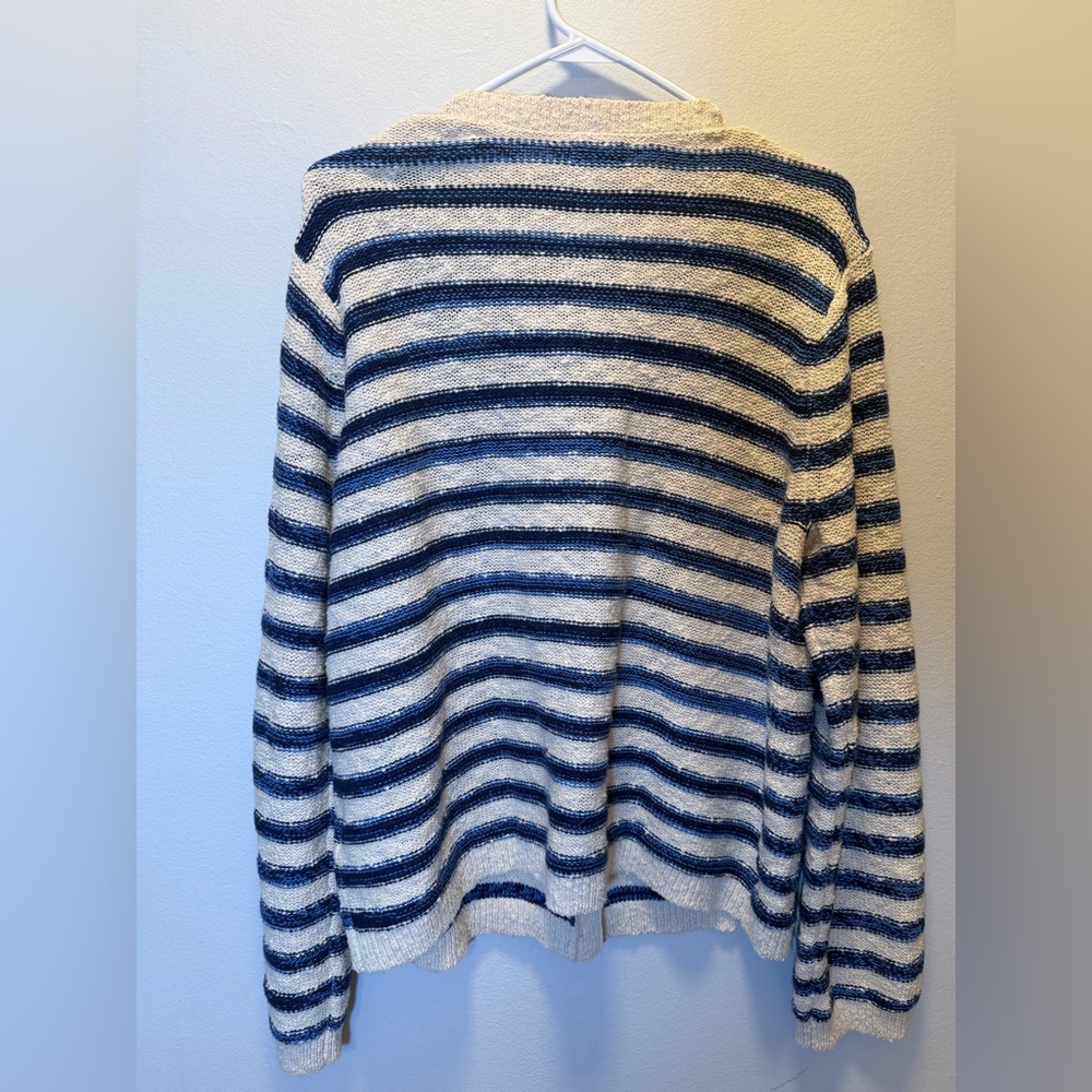 J. Crew Women Striped Slub Cotton-blend Cardigan Sweater Beige Navy Blue XXL - Picture 5 of 10